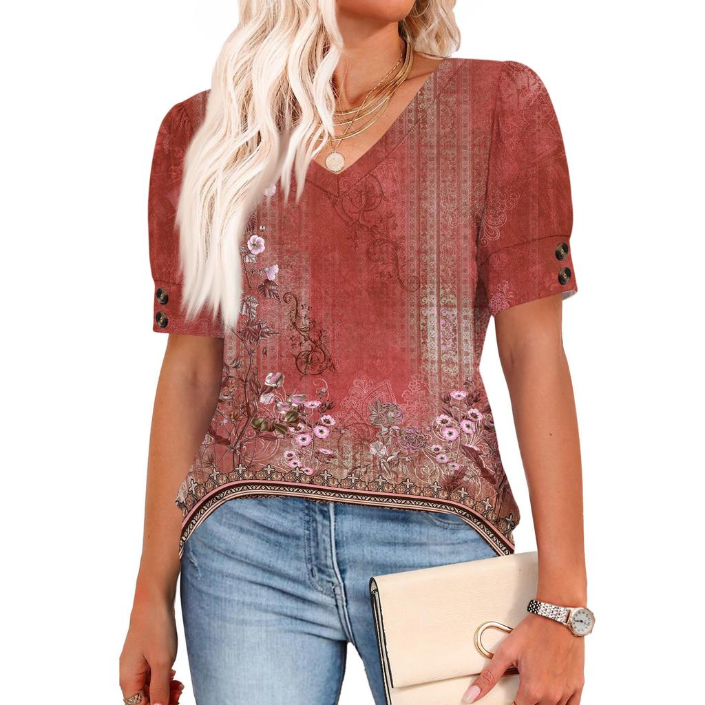 Womens Tops Short Sleeve Shirts Buttons V Neck  Fashion Outfits  Blouses  Casual