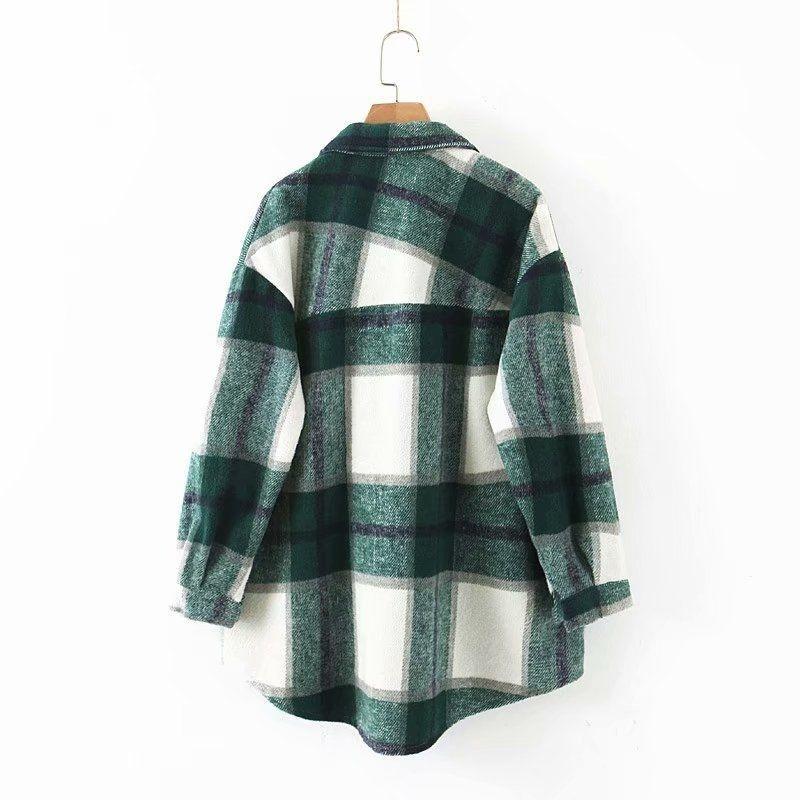 Chaqueta de abrigo a cuadros para mujer, abrigo informal holgado, camisas de lana gruesas de manga larga a la moda para otoño