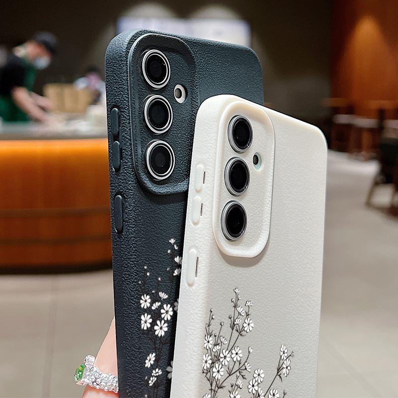 Floral Print TPU Leather Texture Slim Phone Case For Samsung S25 Ultra S24 FE S23 S22 A56 A36 A16 A15 A55 A35 Matte Shockproof Soft Bumper Cover