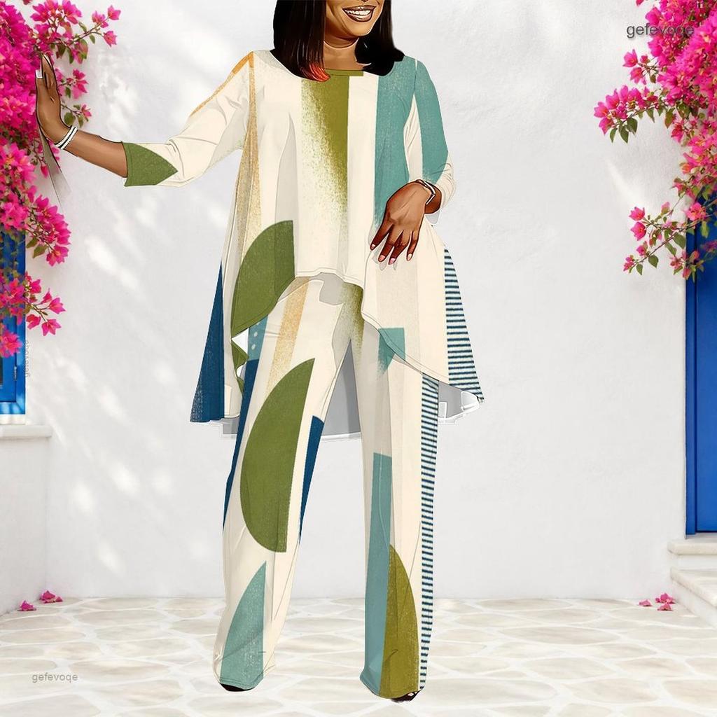 Women Plus Size Abstract Printed Two Piece Set Round Neck Long Sleeve Layered Top And Long Pants