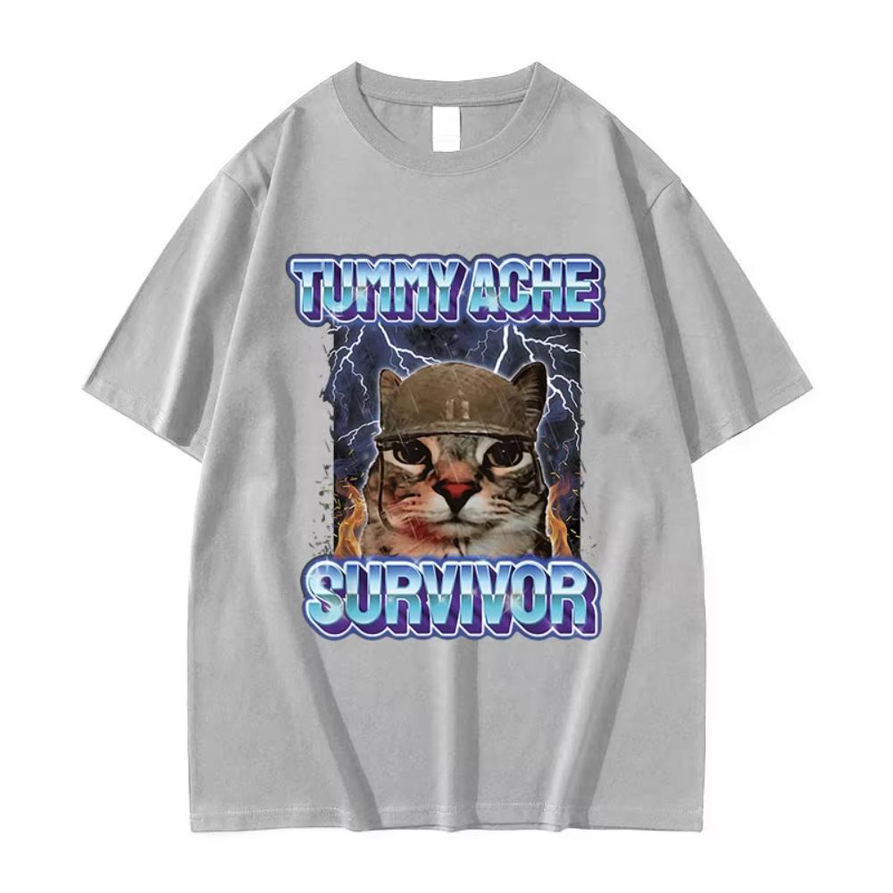 Limited Tummy Ache Survivor Funny Cat Meme T Shirt Unisex Women Vintage High Quality Fashion Tshirts Male Cotton Oversized Tshirt