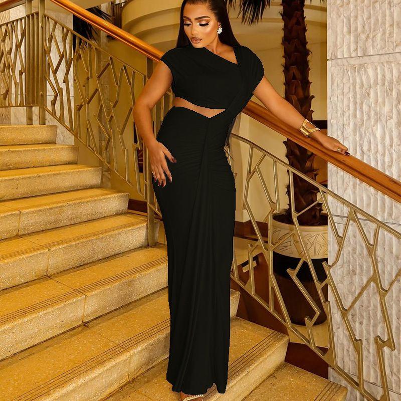 

Fashion Style Elegant Women s Hip Asymmetric One-Step Skirt Oblique V Neck Pure Color Long Dress Black L