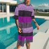 Men Grey White Vertical Thin Stripe Short Sleeve Tee And Matching Shorts Two Piece Suit