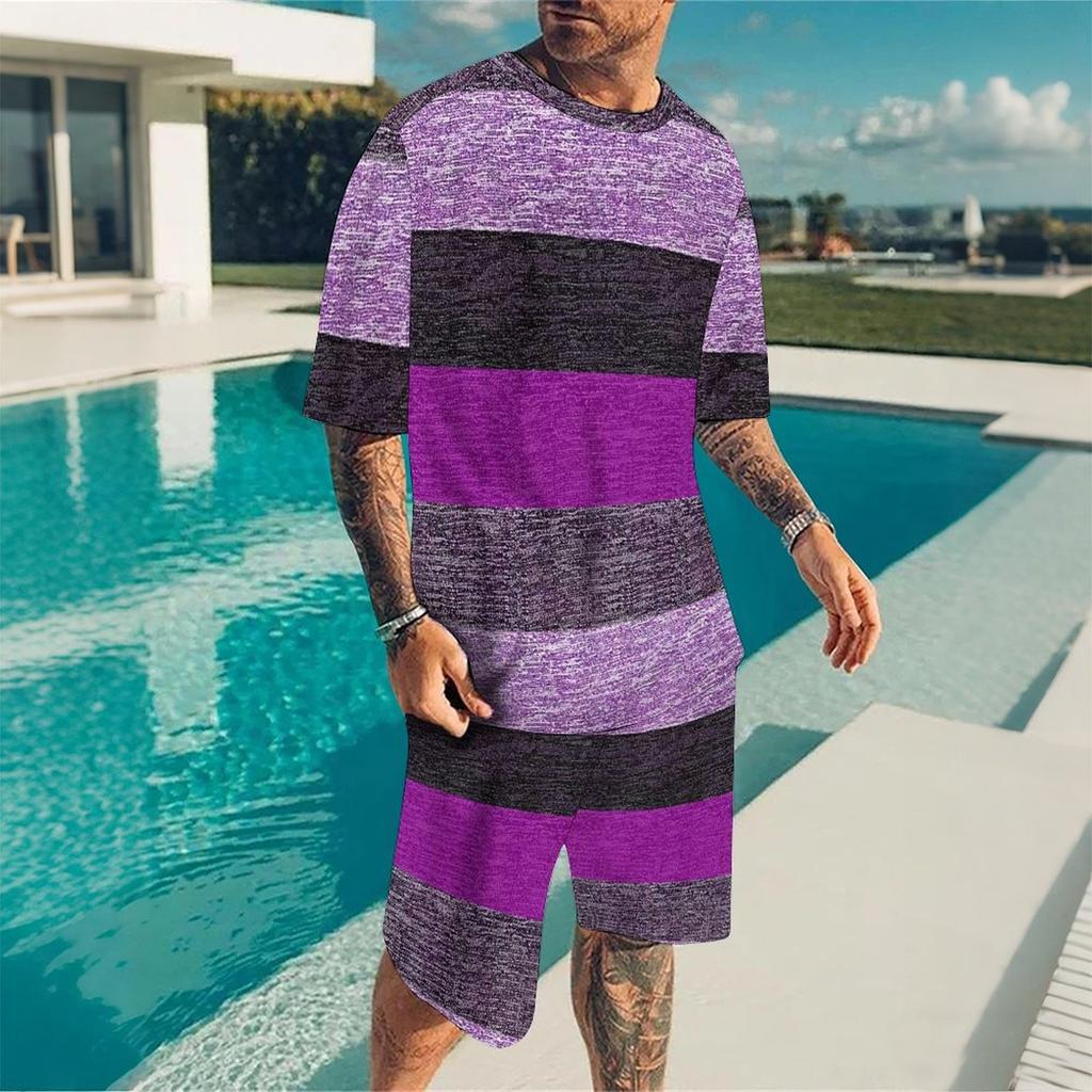 Men Grey White Vertical Thin Stripe Short Sleeve Tee And Matching Shorts Two Piece Suit