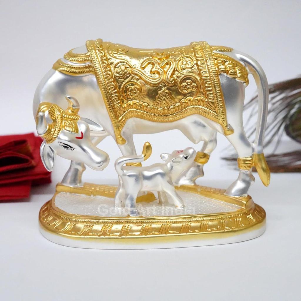 Kamdhenu Cow with Calf Idol Gold Silver Plated with Matte Finish | Home Decor Gaay Bachda Cow |Calf for Vastu | Positive Energy |