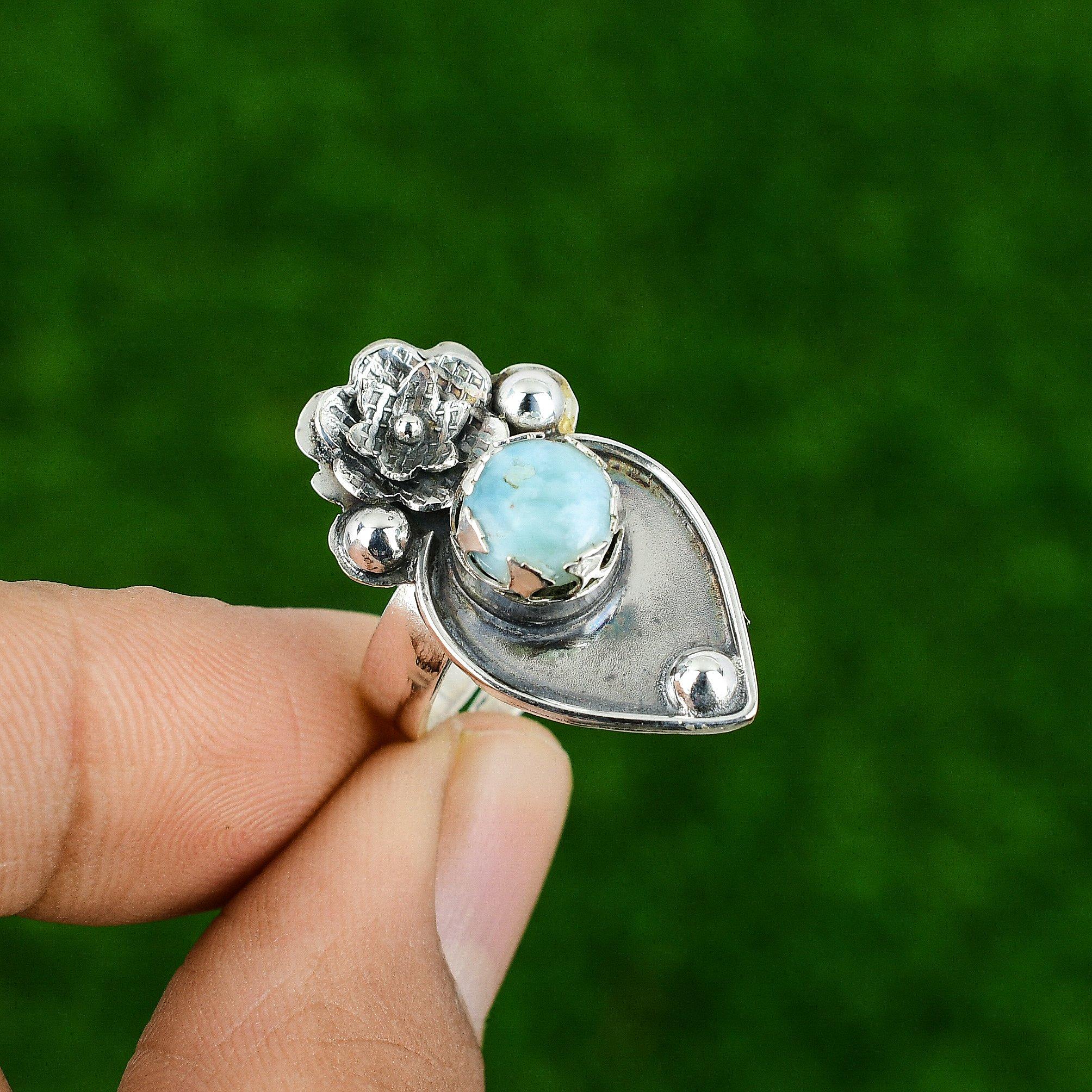 

Natural Larimar Gemstone 925 Silver Statement Flower Adjustable Ring For Girls Adjustable