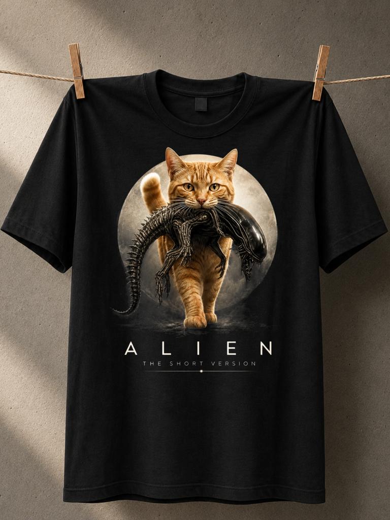 Alien Cat With Orange Cat Carrying Xenomorph Creature Moon Circle Alien The Short Version Text And Unisex All Tshirt