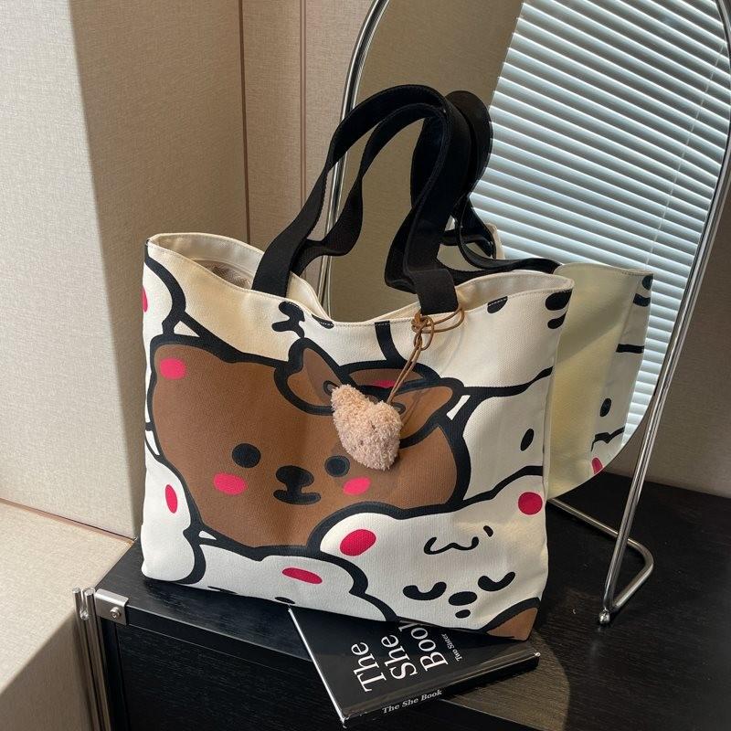 Casual Large Capacity Cartoon Bear Canvas Tote Bag For Women Perfect For College Use