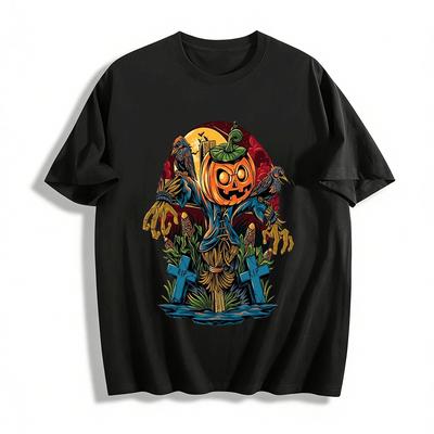Halloween Pumpkin Scarecrow Crow Tombstone Print Casual Top Pure Cotton T-shirt