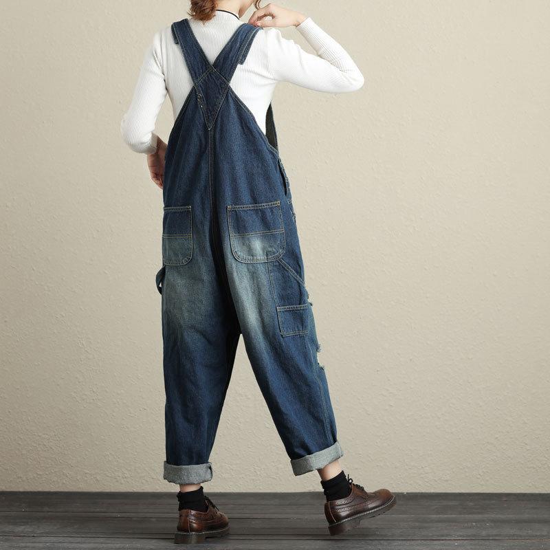 Worn Light-colored Sling Jeans Women's Casual Loose Denim Wide-leg Pants