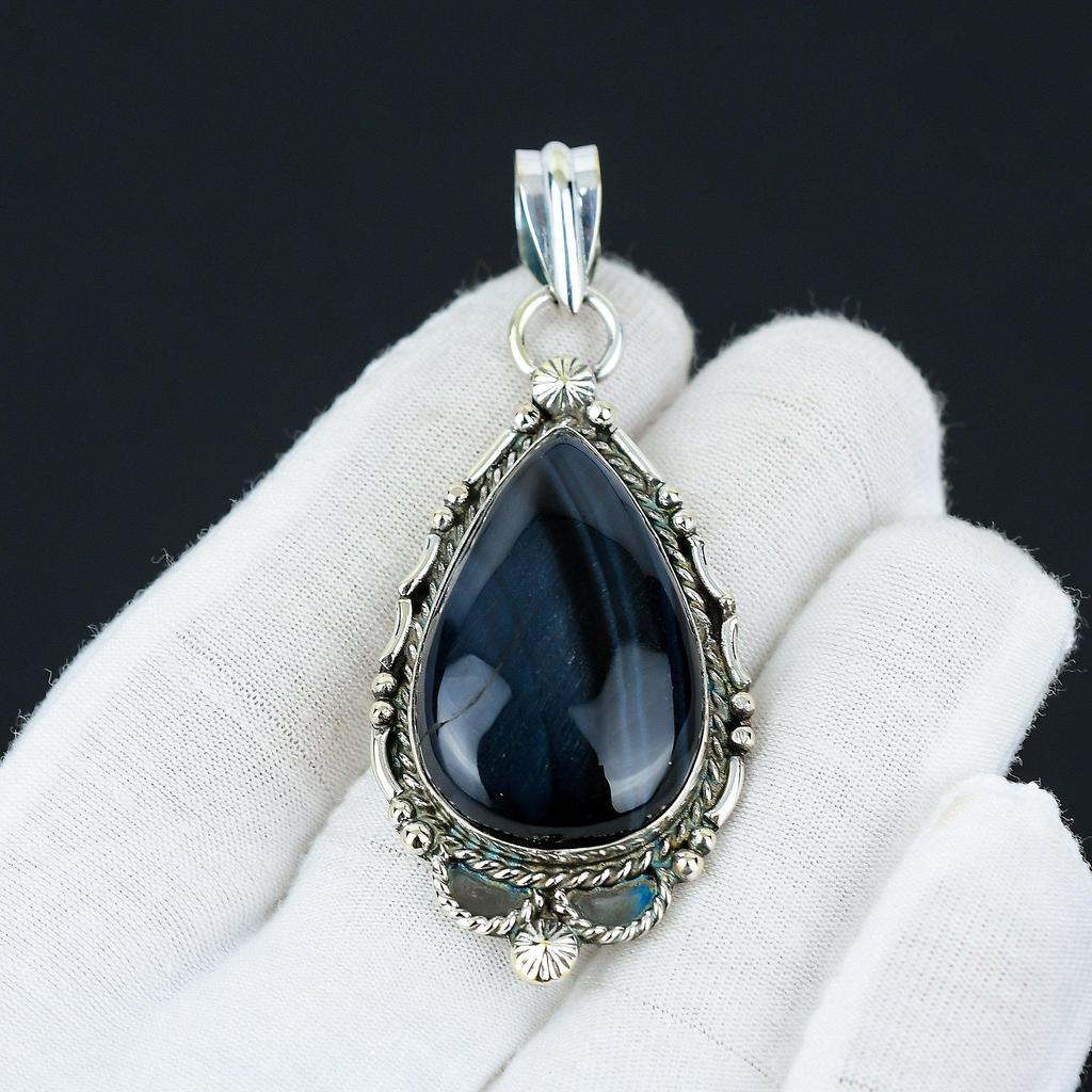 Blått Tigeröga Hänge, Naturliga Blå Tigeröga Smycken, 925 Sterling Silver Smycken, Handgjort Boho Smycke Hänge, Unisex Hänge För Gåva