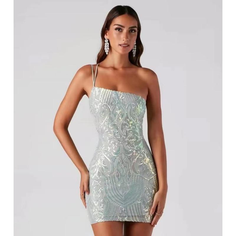 Women Sexy Sequin Spaghetti Strap Slim Fit Bodycon Short Party Dress