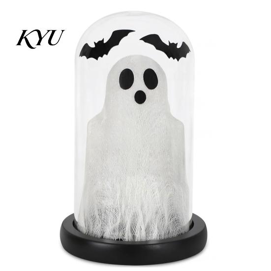 Battery Operated LED Table Lamp Halloween Light Up Ghost In Dome Cloche, Cute Night Desktop Centerpiece for with Bats Home Kitchen Mantel Tabletop
