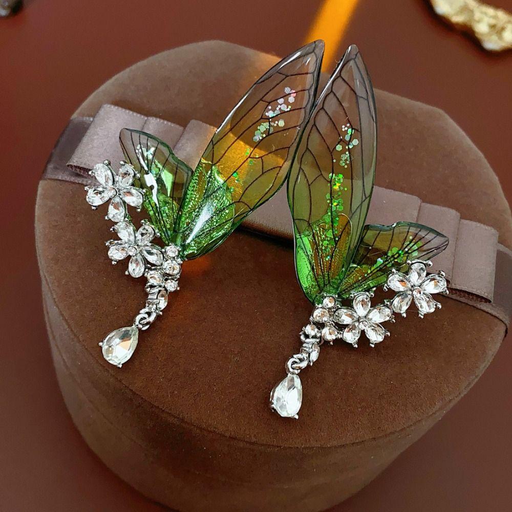 Sweet Exquisite Green Elf Ear Clip Shiny Transparent Butterfly Earrings Translucent Rhinestone Wings Ear Clip Ladies