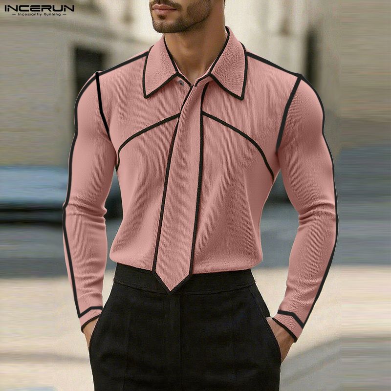 INCERUN Autumn Men's Lapel Neck Long Sleeve Stitching Rib Casual T-shirts Undershirts