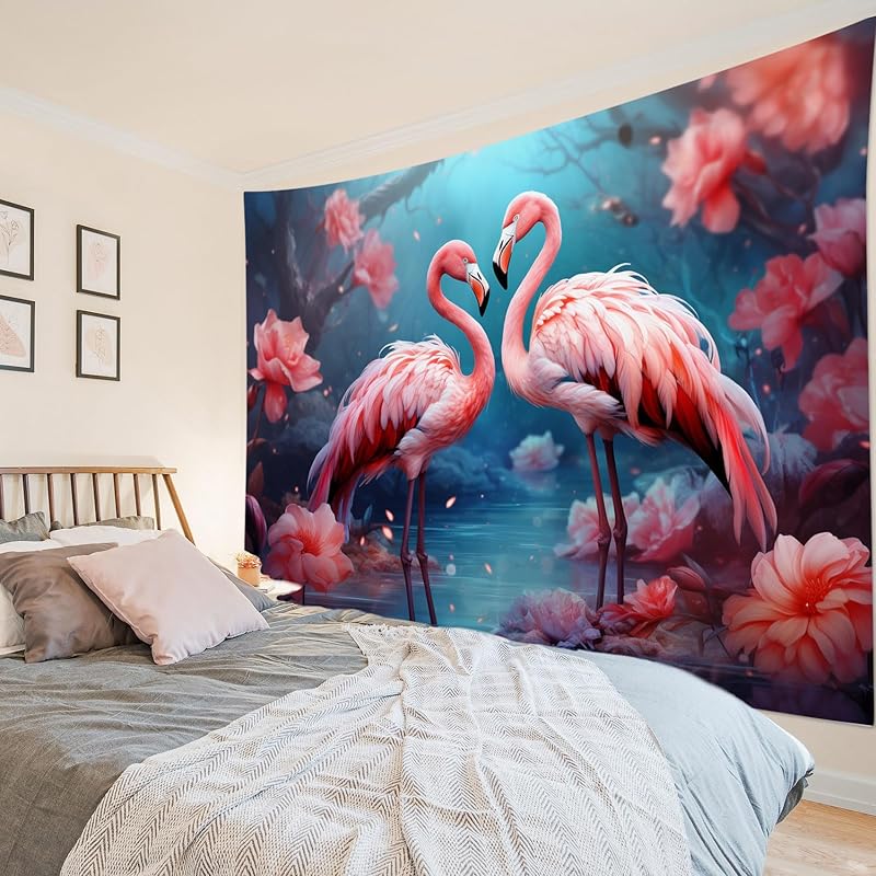 HVEST Pink Flamingo Tapestry Tropical Bird and Pink Floral In Rainforest Tapestry Wall Hanging Forest Nature Landscape Wall Art for Bedroom Living