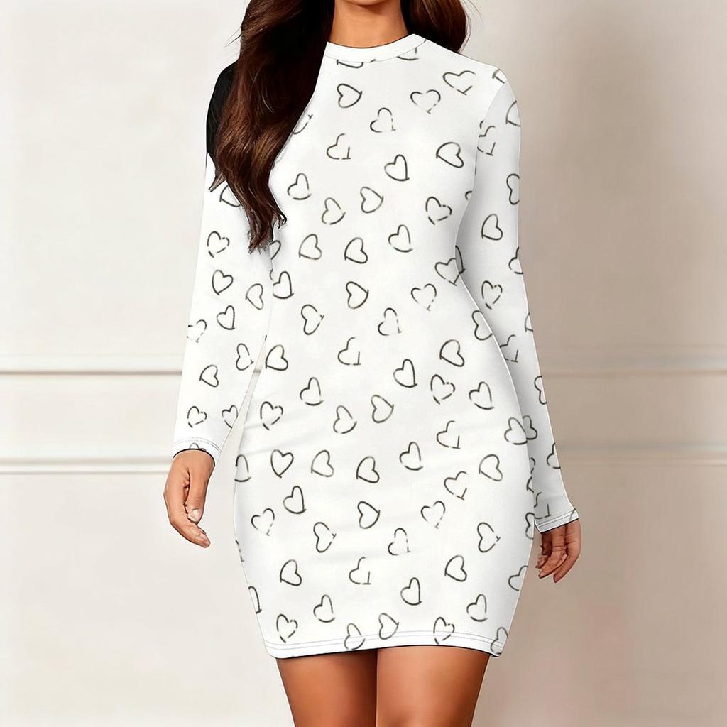 Podzim a zima 2025 Nové dámské módní šaty s 3D potiskem a barvením s motivem srdce, s dlouhým rukávem, kulatým výstřihem, obepínající boky, limitovaná edice ke Dni svatého Valentýna