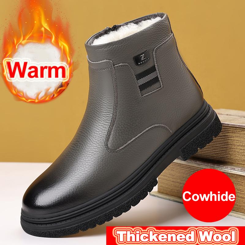New Winter Ankle Boots Men's Genuine Leather Mid Top Vintage Plush Warm Soft Leather High Top British Side Zipper Chelsea Boots