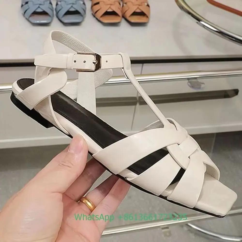 Fashion Women Cross Straps Square Toe Flat with Sandals Solid Color Open Toe Real Patent Leather Flat Sandales 2025 Newest Summer Sandal