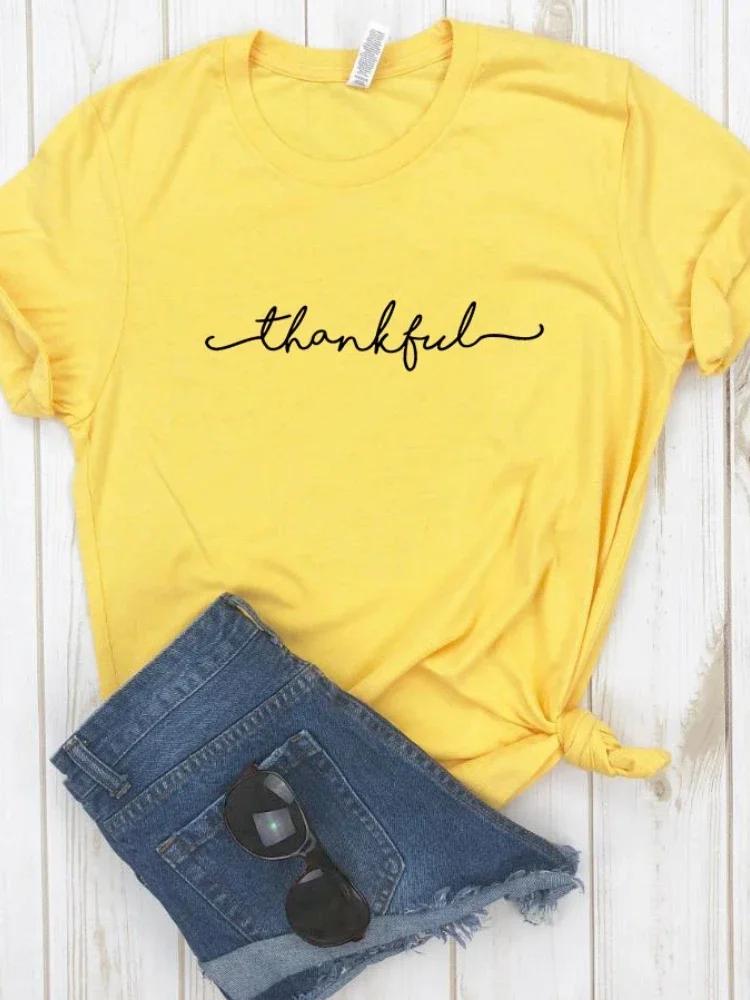 Thankful  Letter Print T Shirt Women Short Sleeve O Neck Loose Tshirt Ladies Summer Women Tee Shirt Tops Mujer