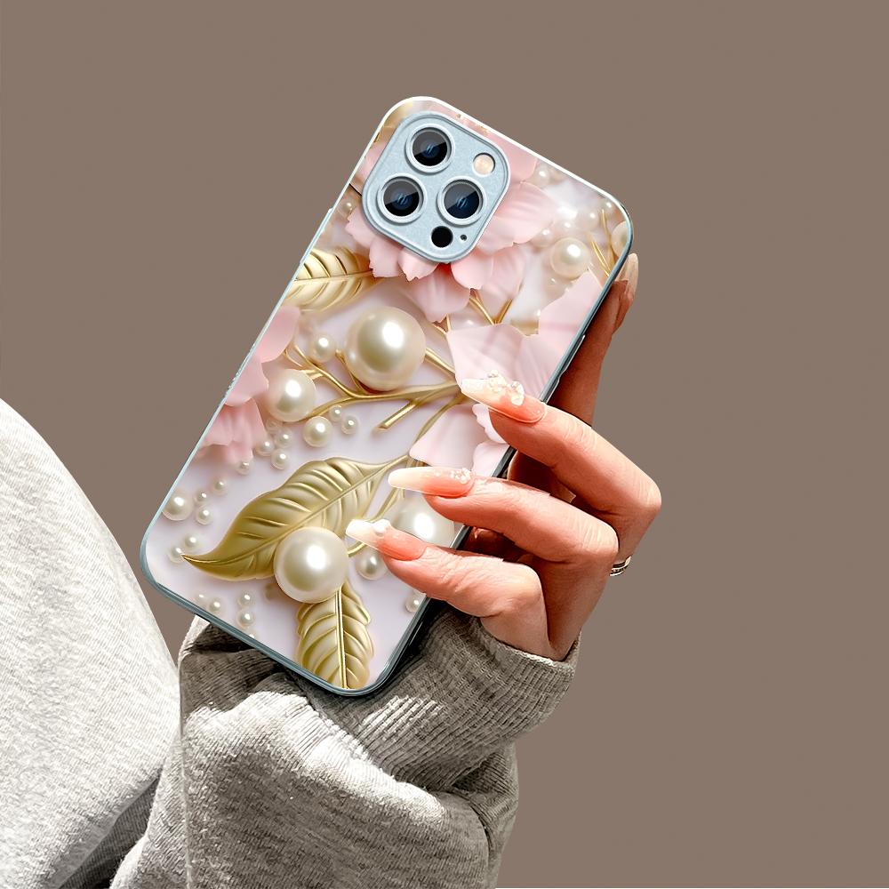 Pearl Pink Flower Phone Case Metallic Lacquer Tempered Glass Shockproof Cover for iPhone Samsung Huawei Honor Xiaomi Redmi OPPO Realme OnePlus Vivo