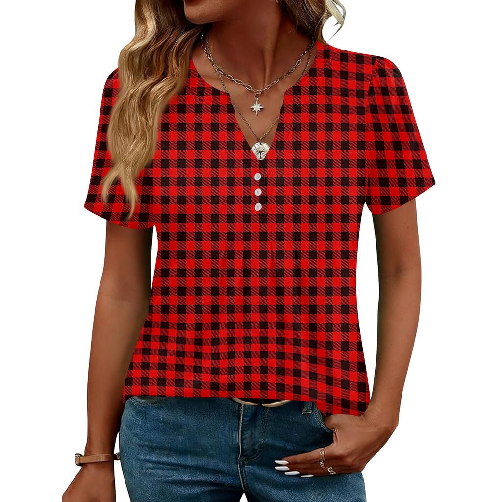 Damen Oberteile Festlich Lässig V-Ausschnitt Kurzarm Hemden Plissierte Blusen Knopfleiste Tunika