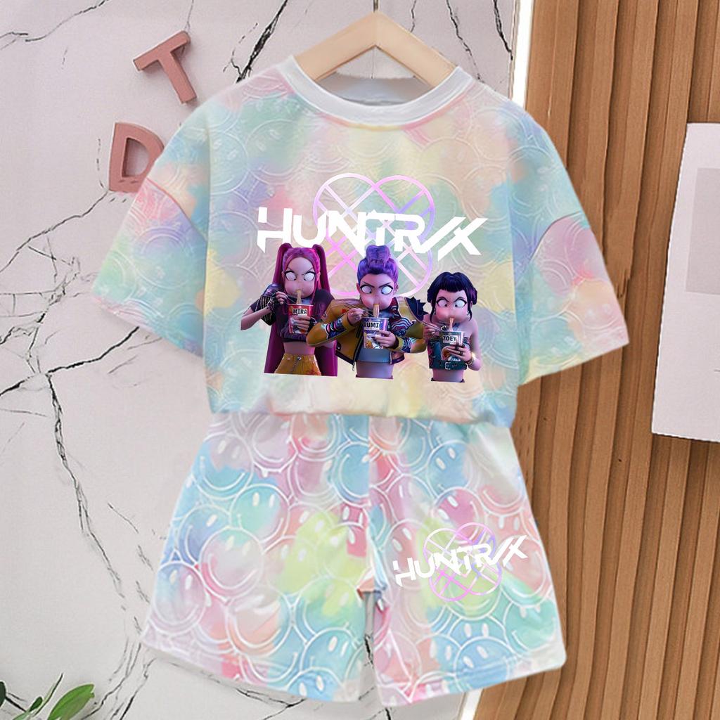 KPop Łowcy Demonów Nowy Zestaw T-shirt i Spodnie Ubrania Letnie dla Dziewczynek Kawaii Uśmiechnięta Twarz Krótki Rękaw Stroje Dziecięce T-shirt Top Piżama Prezent