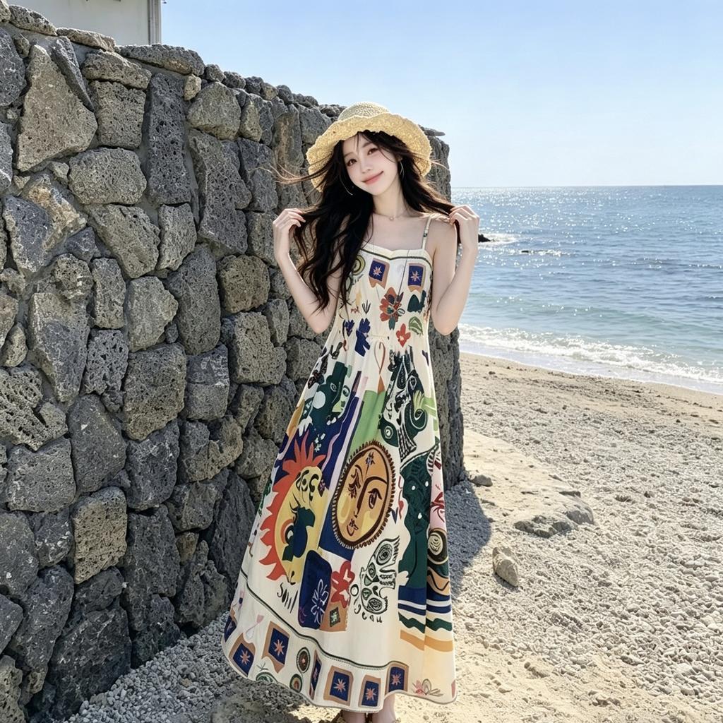 Retro ethnic style oil painting graffiti printing suspender dress women's summer new high-end niche seaside long skirt