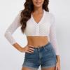 Womens Sheer Mesh Crop Top Button Front V Neck Short Sleeve Slim Fit Lightweight Blouse Shirt for Casual Wear