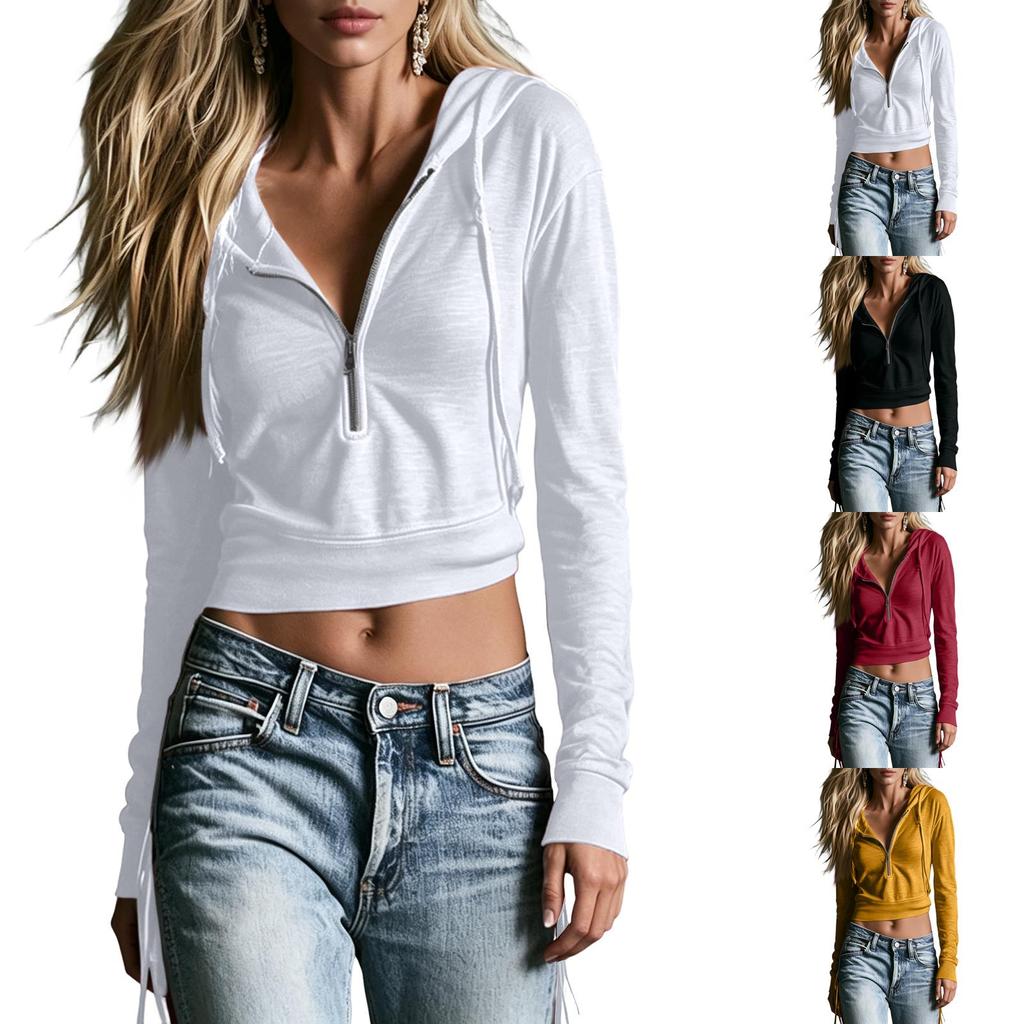 Women's Cropped Hooded Half-Zip Sweatshirt Loose Fit Casual