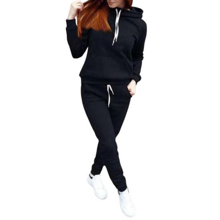 Women Plush Hoodie and Pants Set 2 Pcs Solid Color Long Sleeve Top Elastic Waist Ankle Banded Trousers Thick Sport Fitness Suit