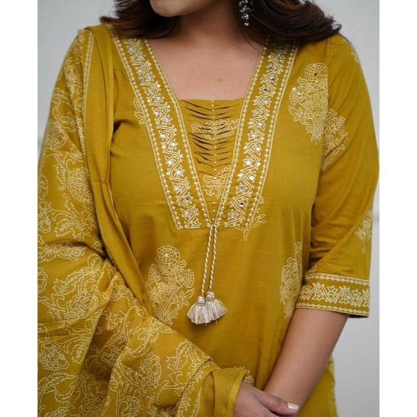 Women's Pure Cotton Printed with Handwork Kurta with Pants and Dupatta Set | Ethnic Set | Suit Set | Kurta Set | Wedding Suit Set