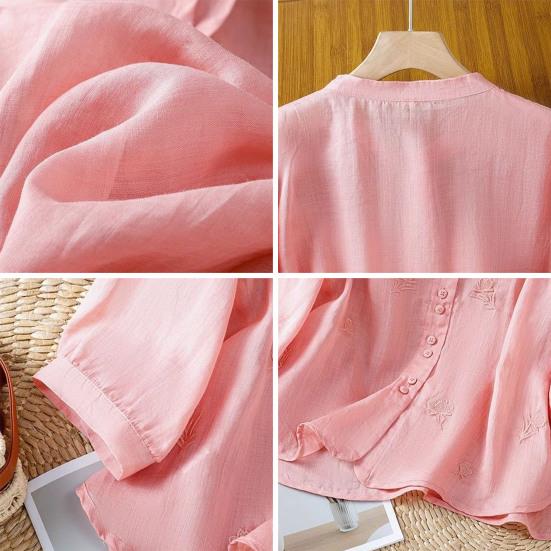 Women Shirt Round Neck 46085 Sleeve Buttons Placket Shirt Tops Pure Color Floral Embroidery