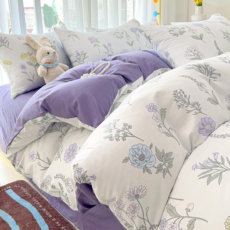 Small Fresh Mattress Quilt Cover Class A Maternal And Infant Grade Cartoon Dormitory Bed Sheet Three-Piece Set Super Soft Washed Cotton 4Pcs Set