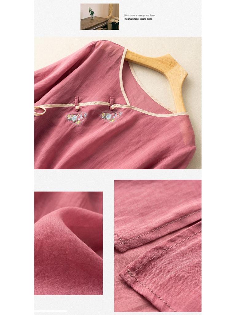 2024 Women's Cotton-Linen Embroidered Short Sleeve Shirt with Oblique Collar