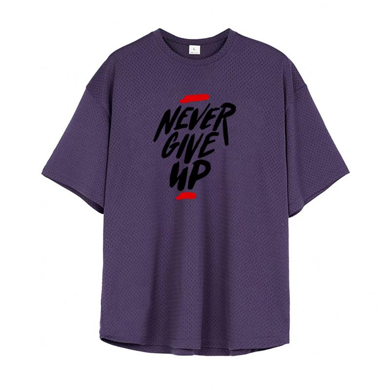 Muscleguys Oversized Loose Mesh Running T-Shirts Mens Summer Quick Dry Fitness Half Sleeve T Shirts NEVER GIVE UP Sports Gym Clothing