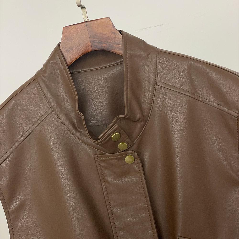 OFTBUY Mujer Vintage Chaleco Suelto Chaqueta Corta de Cuero Sintético PU con Cinturón Chaqueta de Motocicleta Femenina Cremallera Retro Moto Biker Abrigo Prendas de Abrigo Tops