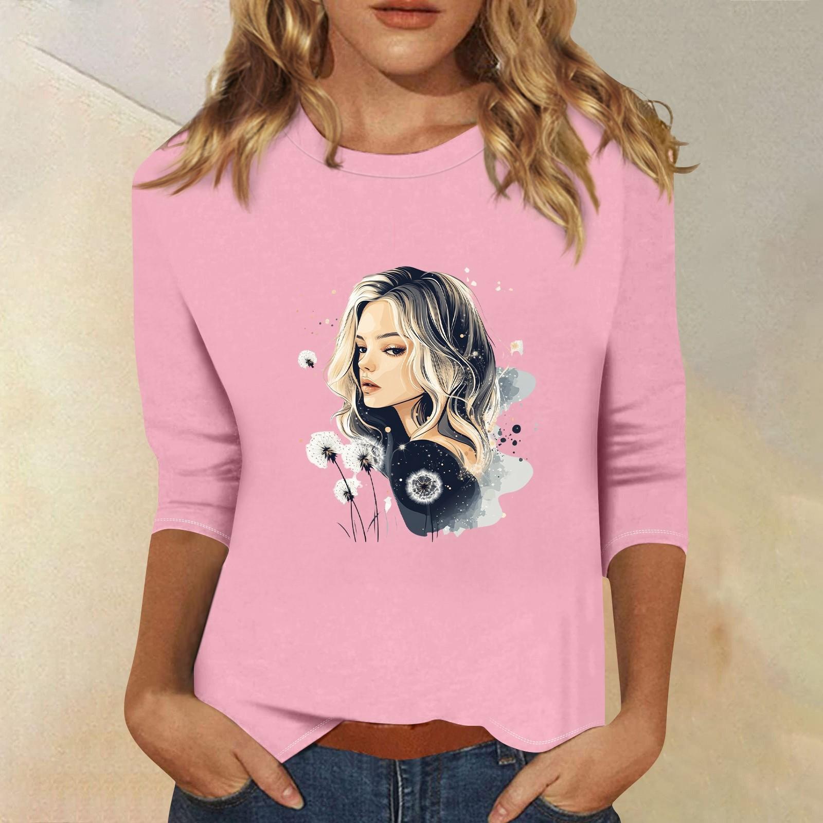 

3/4 рукава топы для женщин футболка повседневные принты топы футболка круглый вырез пуловер блузка M розовый