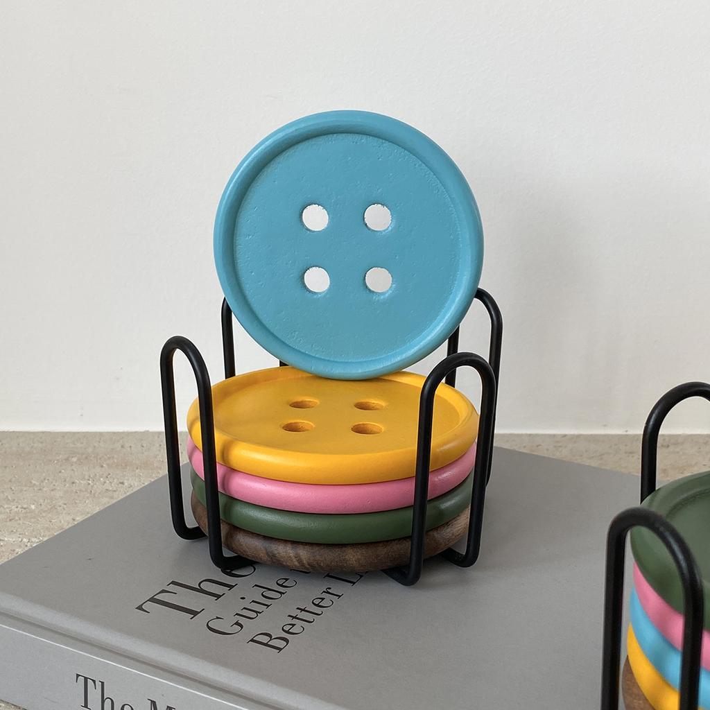 6-Piece Original Colorful Button Coaster Set with Cross-Shaped Iron Rack Coaster Holder Dopamine Round Wooden Coasters Exquisite Coffee Cup Holders