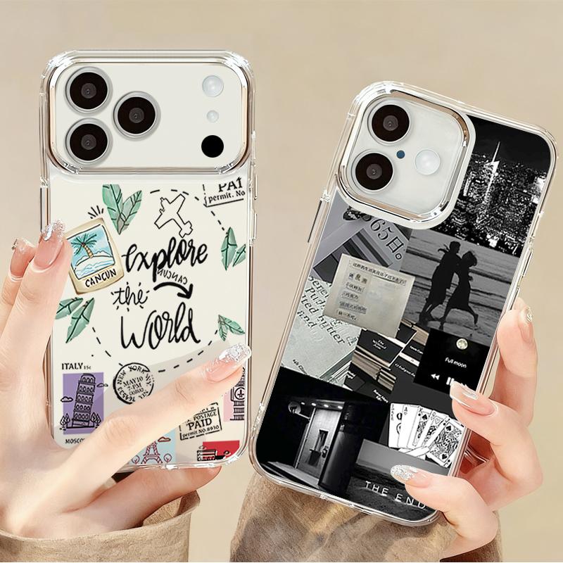Retro Collage Style Phone Case For iPhone 17 Pro Max Plating Lens Frame Clear Soft Cover For iPhone 16 15 14 13 Pro Max 11 16E 17E