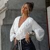 Spring and summer new loose V-neck lace-up ruffle edge long-sleeved shirt women's European and American fashion simple temperament commuter women's 