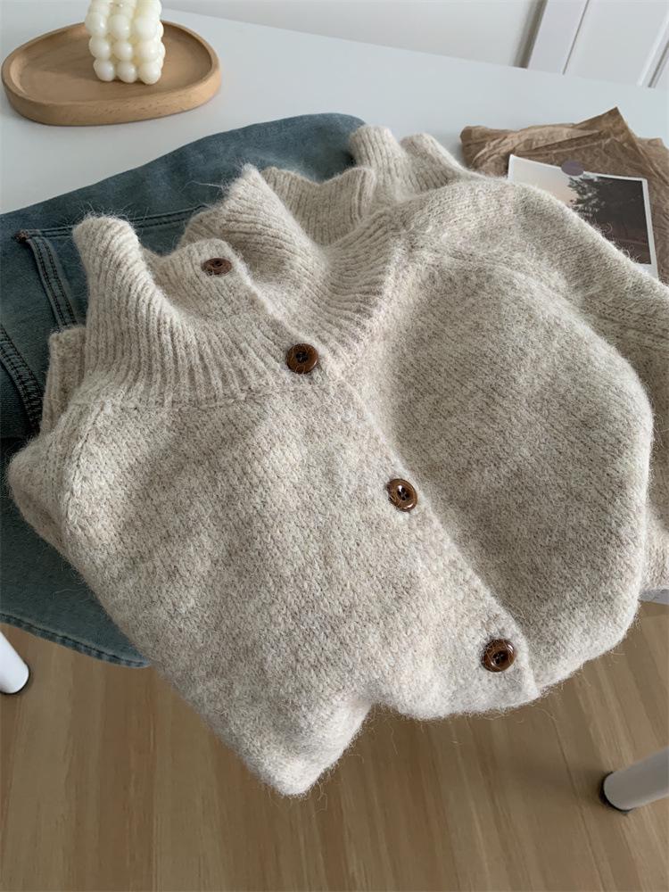 Minimalistischer koreanischer Wollstrick-Cardigan für Damen – Hoher Kragen, Knopfleiste, Weich & Trendig Herbst/Winter Pullover