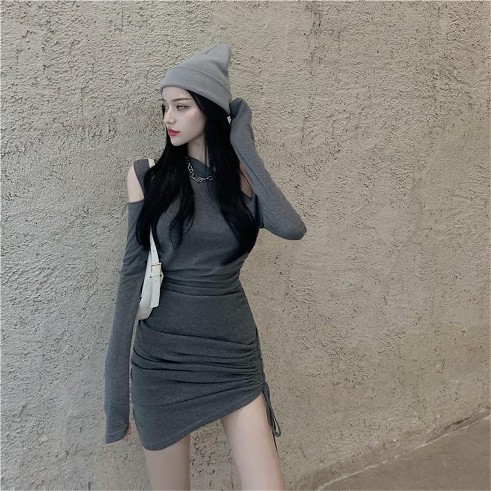 YONGO Long Sleeve Irregular Short Cabaret Party Dress Women's Off-the-Shoulder Dress, Sexy, Fit, Length, Dress, (10 Gray)