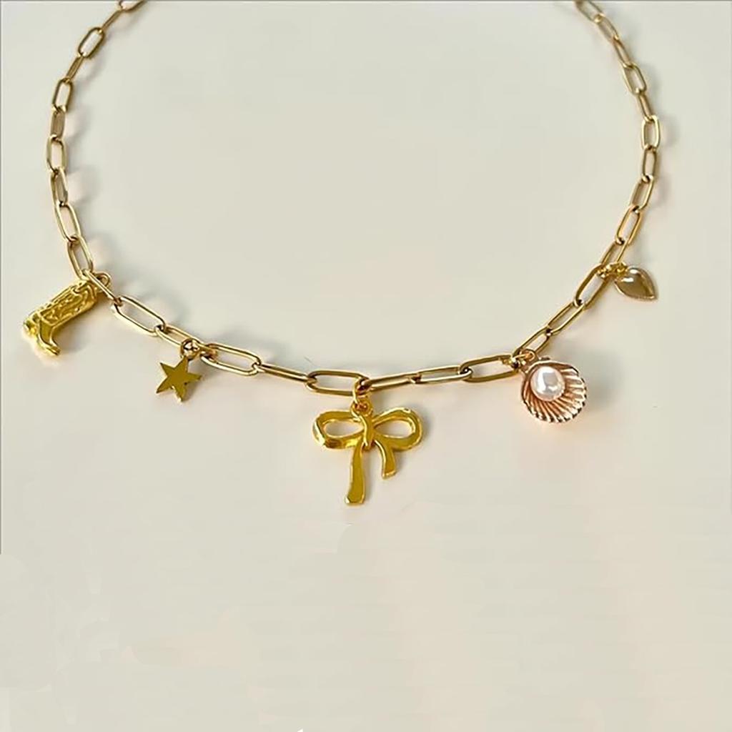 Paper Clip Necklace Bow Pentagram Shell Pearl Love Denim Boots Necklace