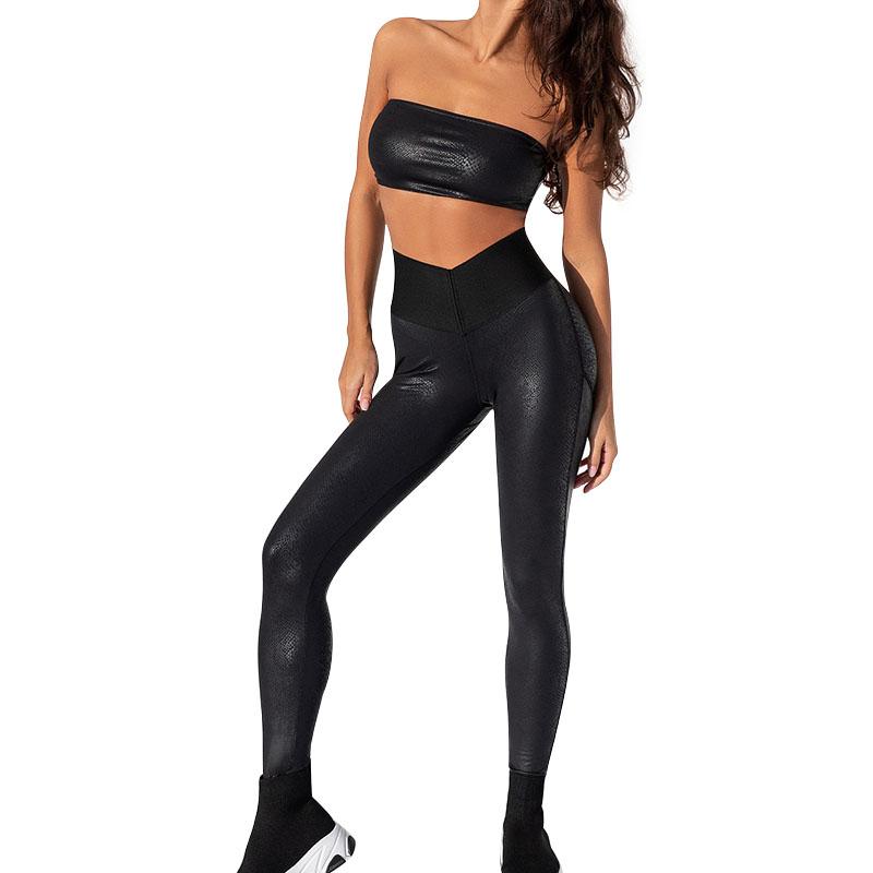 

Леггинсы с нагрудником, костюм из 2 предметов, кожаный спортивный костюм со змеиным узором, спортивные комплекты для йоги, одежда для фитнеса и тренировок для женщин, спортивный костюм