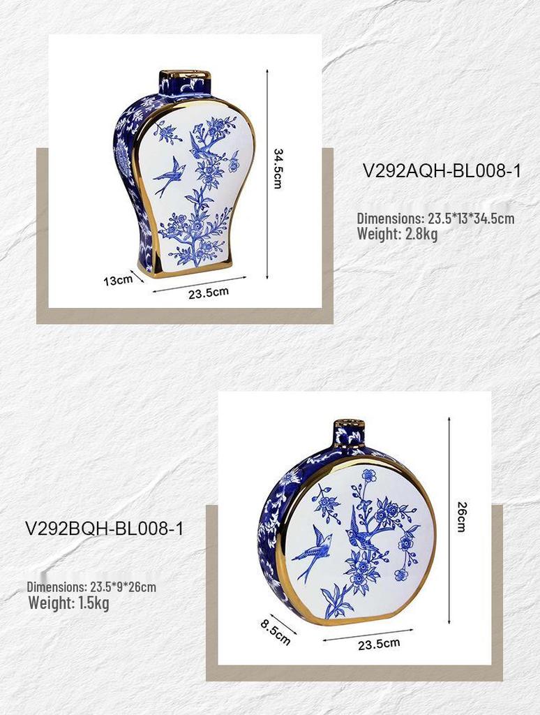 Gilded Blue and White Porcelain Flower Vase - Home Decor Ornament