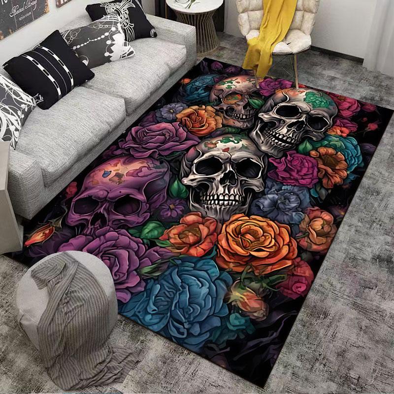 Floral Skull Art Carpet suitable as a non-slip mat for the living room or bedroom sofa