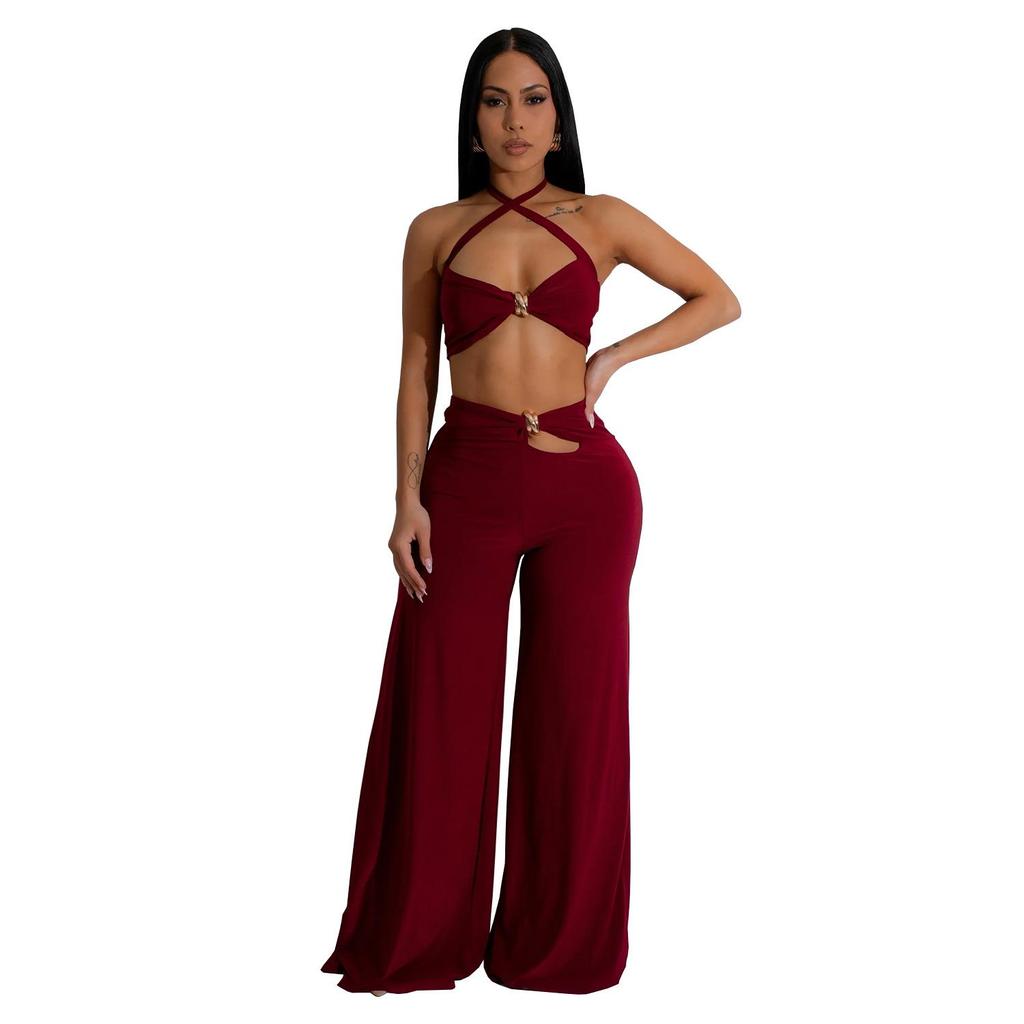 C7236 Women's Fashion Solid Color Strapless Long Pants Two-Piece Set