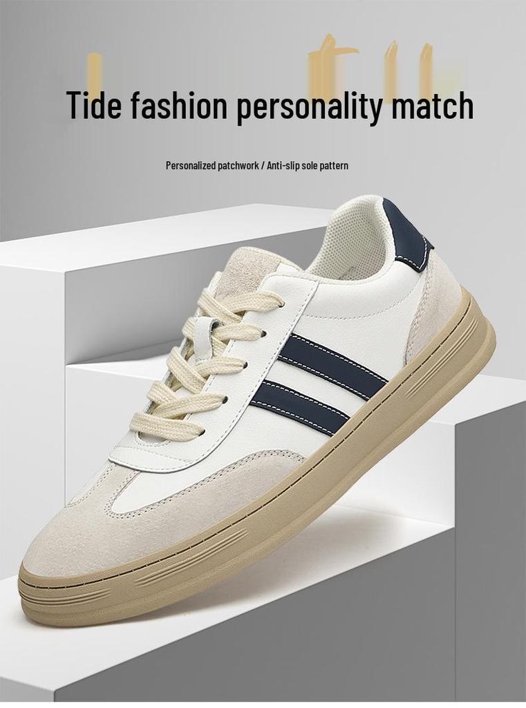 Men's Plus Size Quality Cowhide Skate Shoes, European Color Block Trendy White Casual Sports Sneakers
