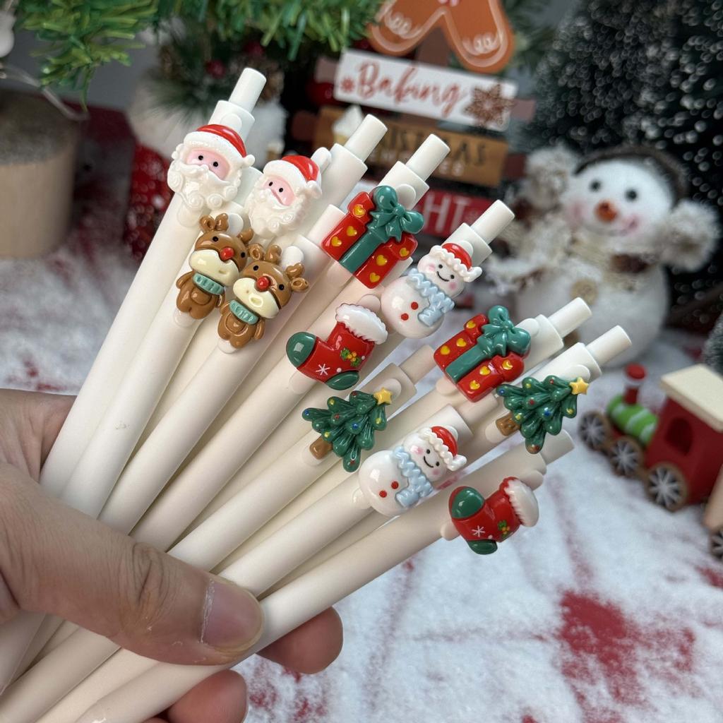 10Pcs White Christmas Shape Patch Press Gel Pen Cartoon Press Pen Holiday Gift Novelty Stationery Teacher Party Favors Back To School